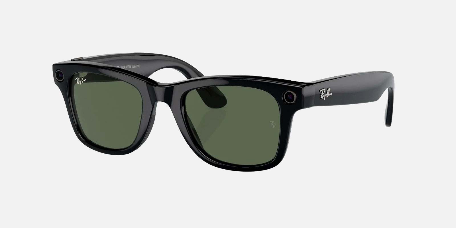 Ray-Ban Meta Wayfarer RW4006 601/71 unisex's full rim square smart sunglasses in a shiny black injected frame with g-15 green lenses. Features a 50 mm lens size, 22 mm bridge size, and 150 mm temple length. Available in Dubai, UAE.