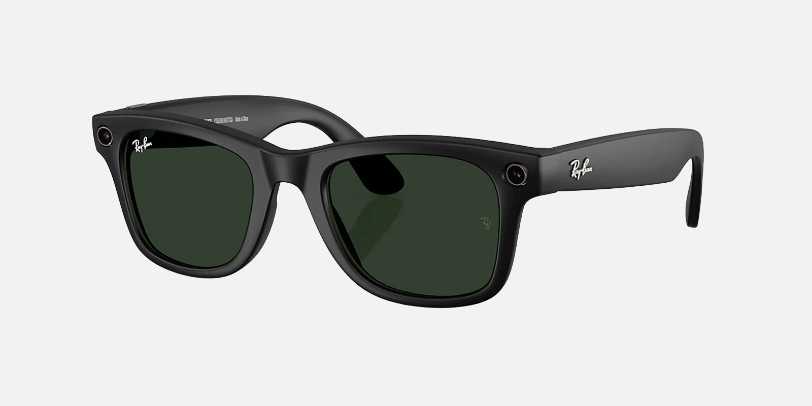 Ray-Ban Meta Wayfarer RW4006 601S1M square sunglasses for unisex in full rim injected, with matte black frame, and clear/graphite green transitions® lenses. 50mm in lens size, 22mm in bridge size, and 150mm in temple length.