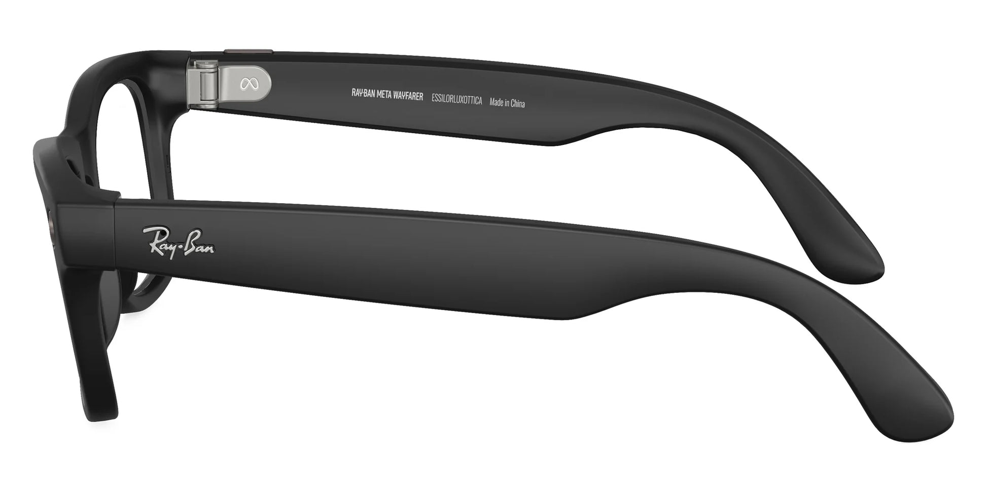 Ray-Ban Meta Wayfarer RW4006 601S1M square sunglasses for unisex in full rim injected, with matte black frame, and clear/graphite green transitions® lenses. 50mm in lens size, 22mm in bridge size, and 150mm in temple length.