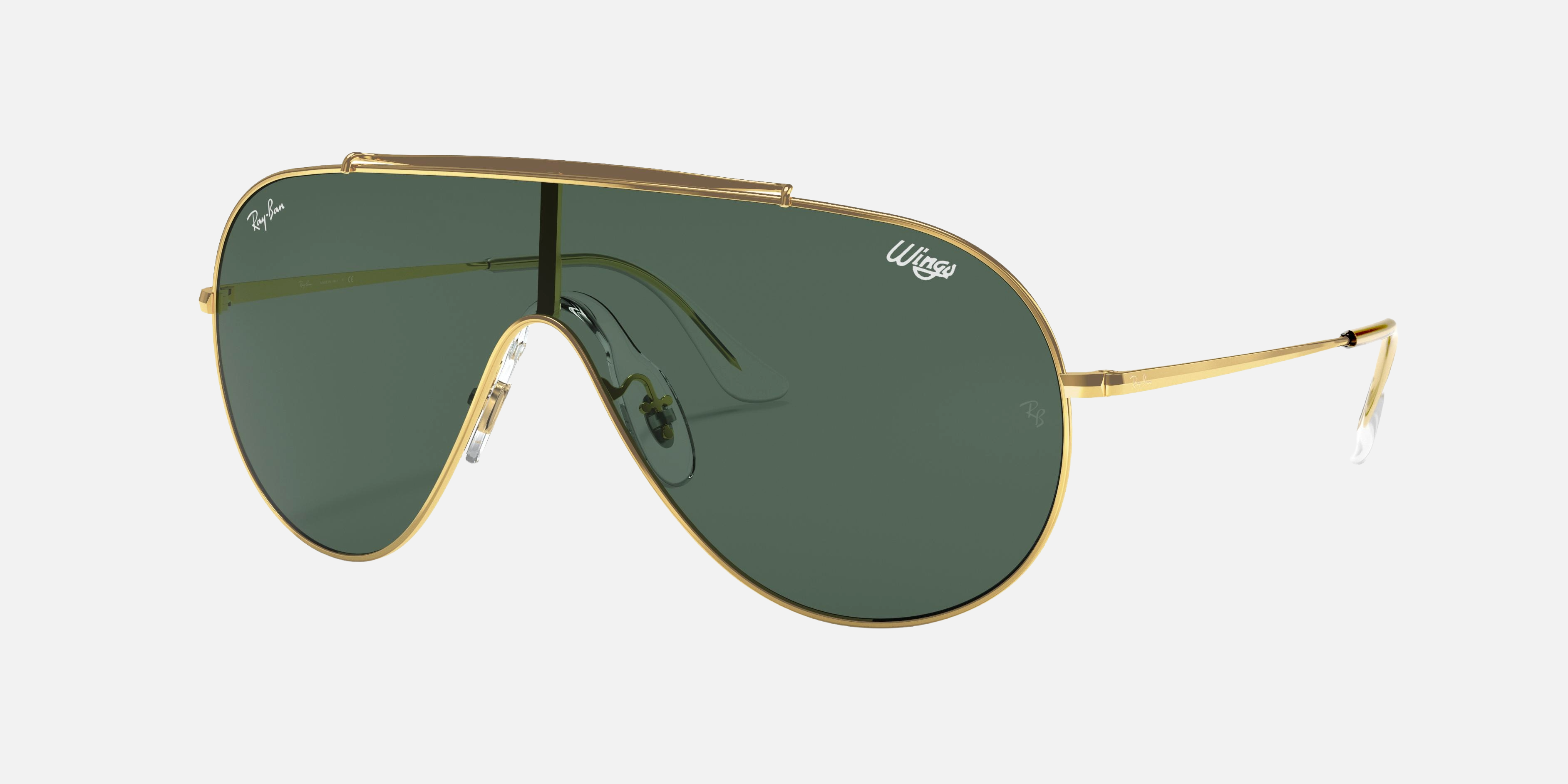 Ray-Ban Wings RB3597 905071 unisex's full rim pilot sunglasses in a polished arista gold metal frame with dark green lenses. Features a 33 mm lens size, 0 mm bridge size, and 140 mm temple length. Available in Dubai, UAE.