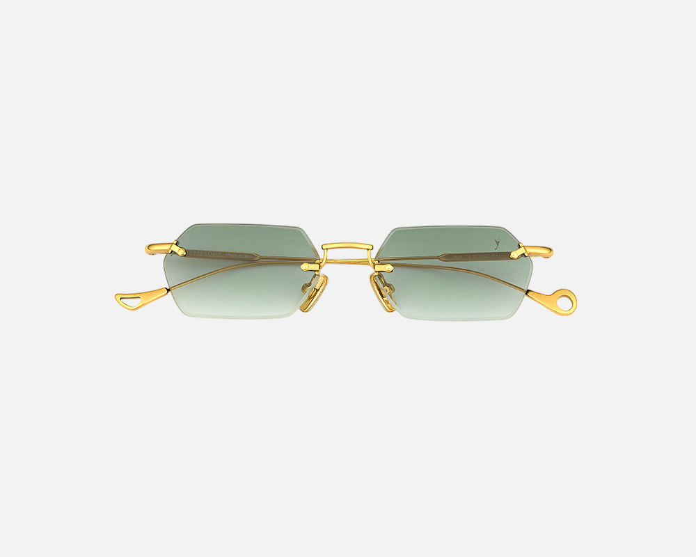 Eyepetizer Tank C.4-25 hexagonal sunglasses for women in rimless steel, with gold frame, and green gradient lenses. 52mm in lens size, 18mm in bridge size, and 145mm in temple length.