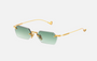 Eyepetizer Tank C.4-25 hexagonal sunglasses for women in rimless steel, with gold frame, and green gradient lenses. 52mm in lens size, 18mm in bridge size, and 145mm in temple length.