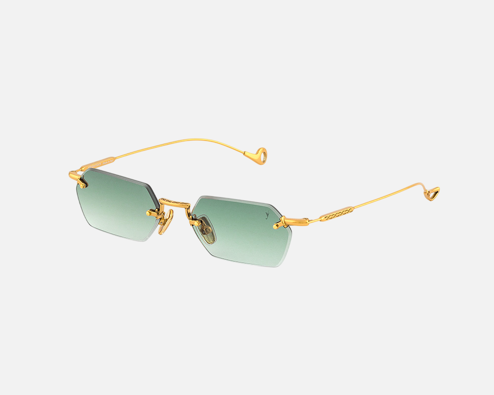 Eyepetizer Tank C.4-25 hexagonal sunglasses for women in rimless steel, with gold frame, and green gradient lenses. 52mm in lens size, 18mm in bridge size, and 145mm in temple length.