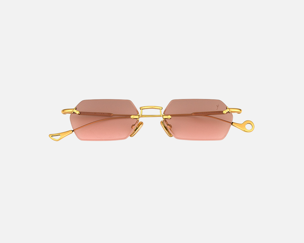 Eyepetizer Tank C.4-44 hexagonal sunglasses for women in rimless steel, with gold frame, and brown with pink gradient lenses. 52mm in lens size, 18mm in bridge size, and 145mm in temple length.