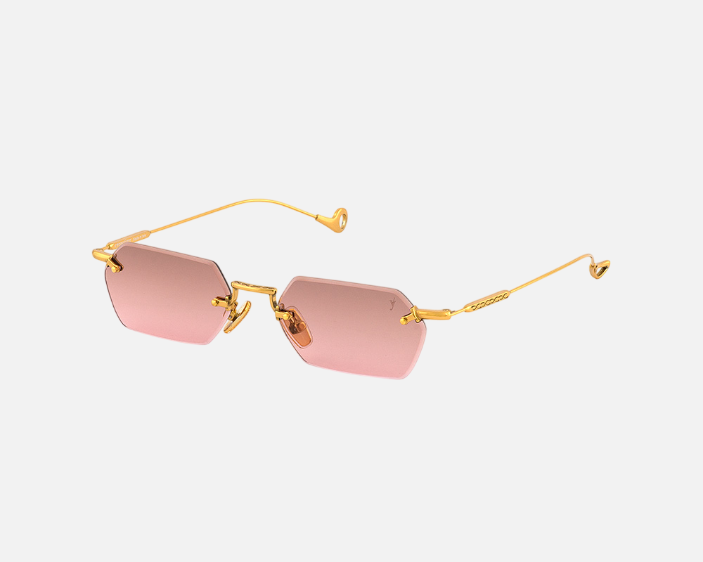 Eyepetizer Tank C.4-44 hexagonal sunglasses for women in rimless steel, with gold frame, and brown with pink gradient lenses. 52mm in lens size, 18mm in bridge size, and 145mm in temple length.