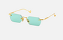 Eyepetizer Tank C.4-48 hexagonal sunglasses for women in rimless steel, with gold frame, and aqua green lenses. 52mm in lens size, 18mm in bridge size, and 145mm in temple length.