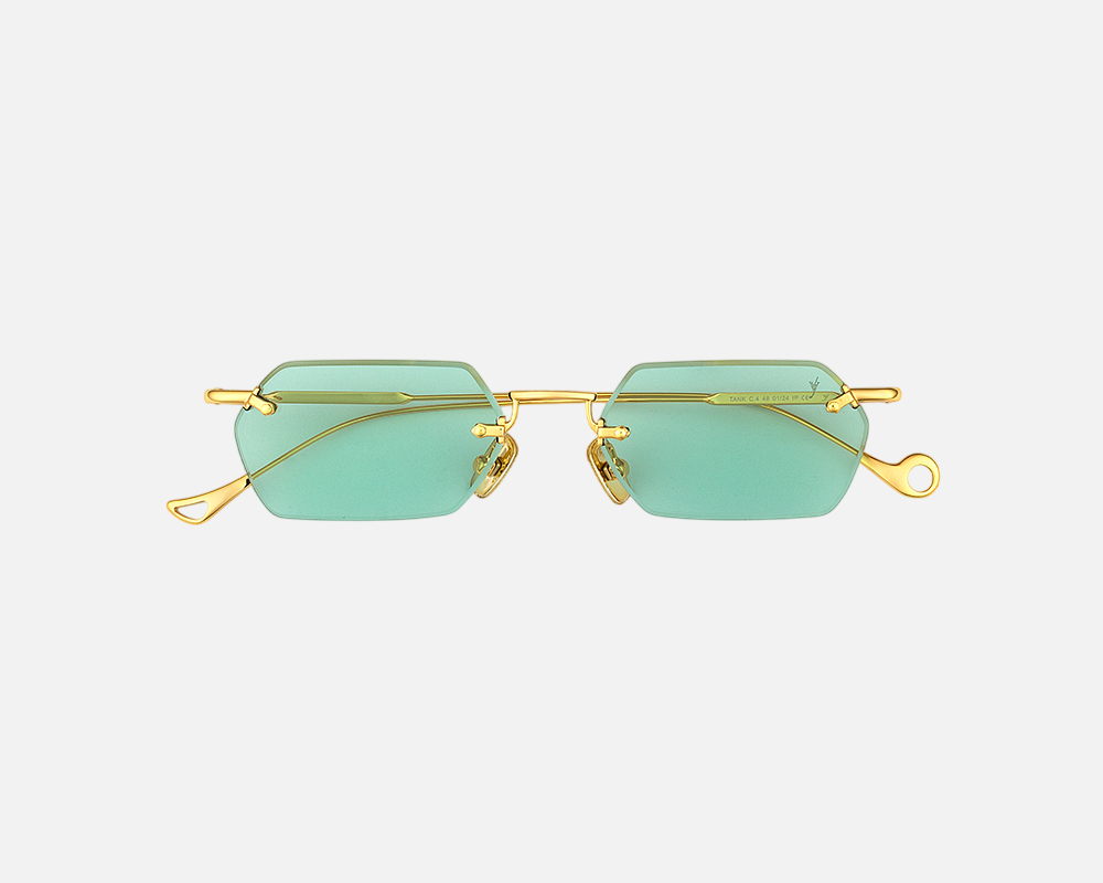 Eyepetizer Tank C.4-48 hexagonal sunglasses for women in rimless steel, with gold frame, and aqua green lenses. 52mm in lens size, 18mm in bridge size, and 145mm in temple length.