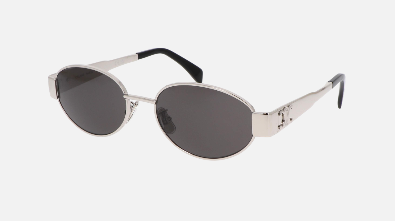 Celine Triomphe Metal 01 CL40235U 16A oval sunglasses for women in full rim metal, with silver frame, and grey smoke lenses. 54mm in lens size, 18mm in bridge size, and 135mm in temple length.