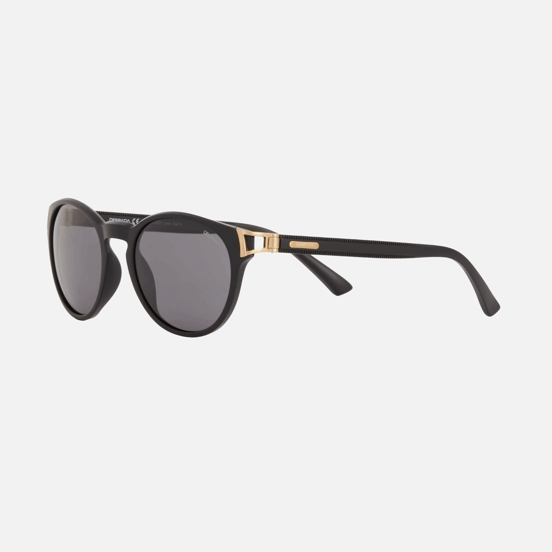 Despada DS 2383 C1  men's full rim round sunglasses in matte black frame and grey lenses, with 50mm lens size, 22mm bridge size, and 140mm temple size. Available in Dubai, UAE.