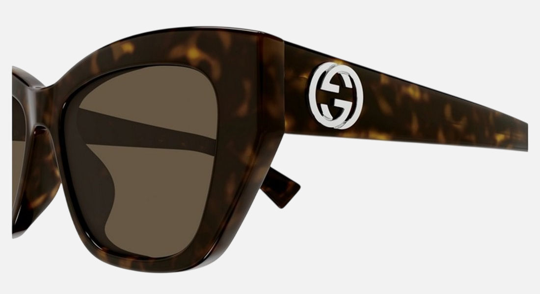 Gucci GG1844SA 002 cat eye sunglasses for women in full rim acetate, with havana frame, and brown lenses. 55mm in lens size, 16mm in bridge size, and 145mm in temple length.