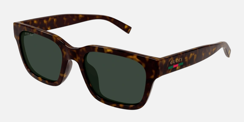 Gucci GG1857S 002 square sunglasses for men in full rim plastic, with havana frame, and green lenses. 55mm in lens size, 20mm in bridge size, and 145mm in temple length.