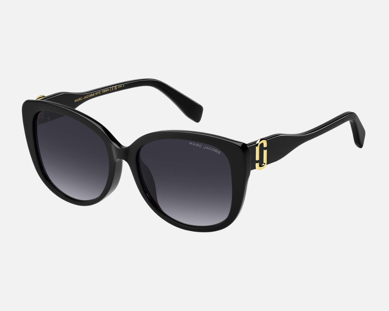Marc Jacobs Marc 791/F/S 807/9O women's full rim butterfly sunglasses in a black acetate frame with dark grey gradient lenses. Features a 57 mm lens size, 17 mm bridge size, and 145 mm temple length. Available in Dubai, UAE.