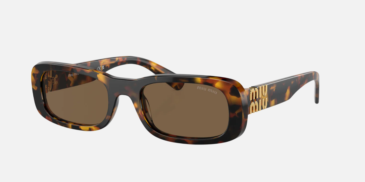 Miu Miu MU 08ZS VAU06B women's full rim rectangle sunglasses in a havana honey acetate frame with dark brown lenses. Features a 53 mm lens size, 20 mm bridge size, and 140 mm temple length. Available in Dubai, UAE.