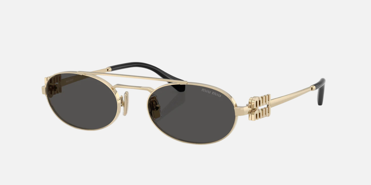 Miu Miu MU 54ZS ZVN08Z women's full rim oval sunglasses in a pale gold metal frame with dark grey lenses. Features a 53 mm lens size, 19 mm bridge size, and 140 mm temple length. Available in Dubai, UAE.
