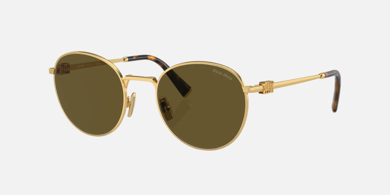 Miu Miu MU 55ZS 5AK09Z women's full rim round sunglasses in a gold metal frame with dark brown lenses. Features a 50 mm lens size, 20 mm bridge size, and 140 mm temple length. Available in Dubai, UAE.