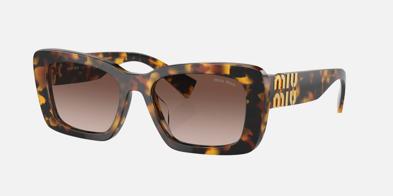 Miu Miu MU 07YS VAU6S1 women's full rim rectangle sunglasses in a havana honey acetate frame with brown havana lenses. Features a 53 mm lens size, 18 mm bridge size, and 135 mm temple length. Available in Dubai, UAE.