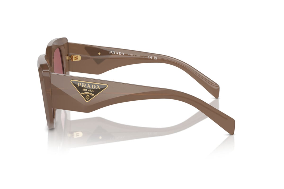 Prada PR 14ZS 11S08S irregular sunglasses for women in full rim acetate, with brown opal frame, and dark purple lenses. 50mm in lens size, 18mm in bridge size, and 140mm in temple length.