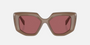 Prada PR 14ZS 11S08S irregular sunglasses for women in full rim acetate, with brown opal frame, and dark purple lenses. 50mm in lens size, 18mm in bridge size, and 140mm in temple length.