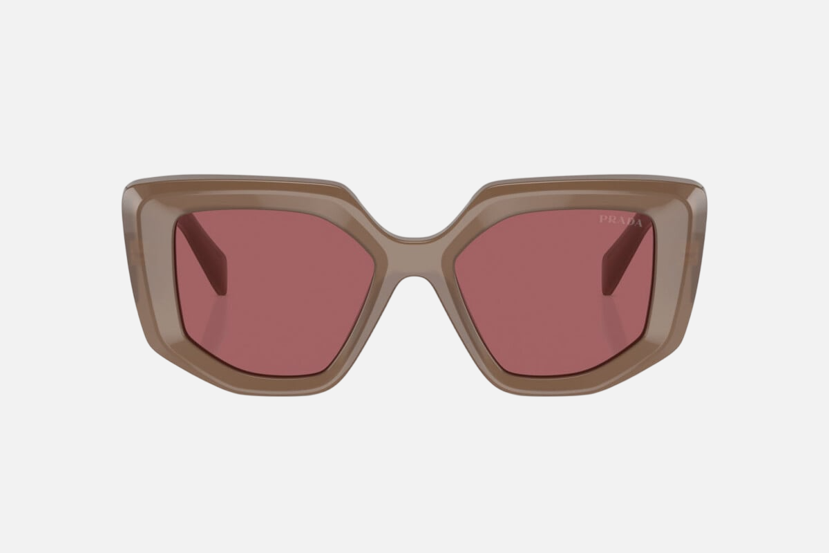 Prada PR 14ZS 11S08S irregular sunglasses for women in full rim acetate, with brown opal frame, and dark purple lenses. 50mm in lens size, 18mm in bridge size, and 140mm in temple length.