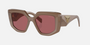 Prada PR 14ZS 11S08S irregular sunglasses for women in full rim acetate, with brown opal frame, and dark purple lenses. 50mm in lens size, 18mm in bridge size, and 140mm in temple length.
