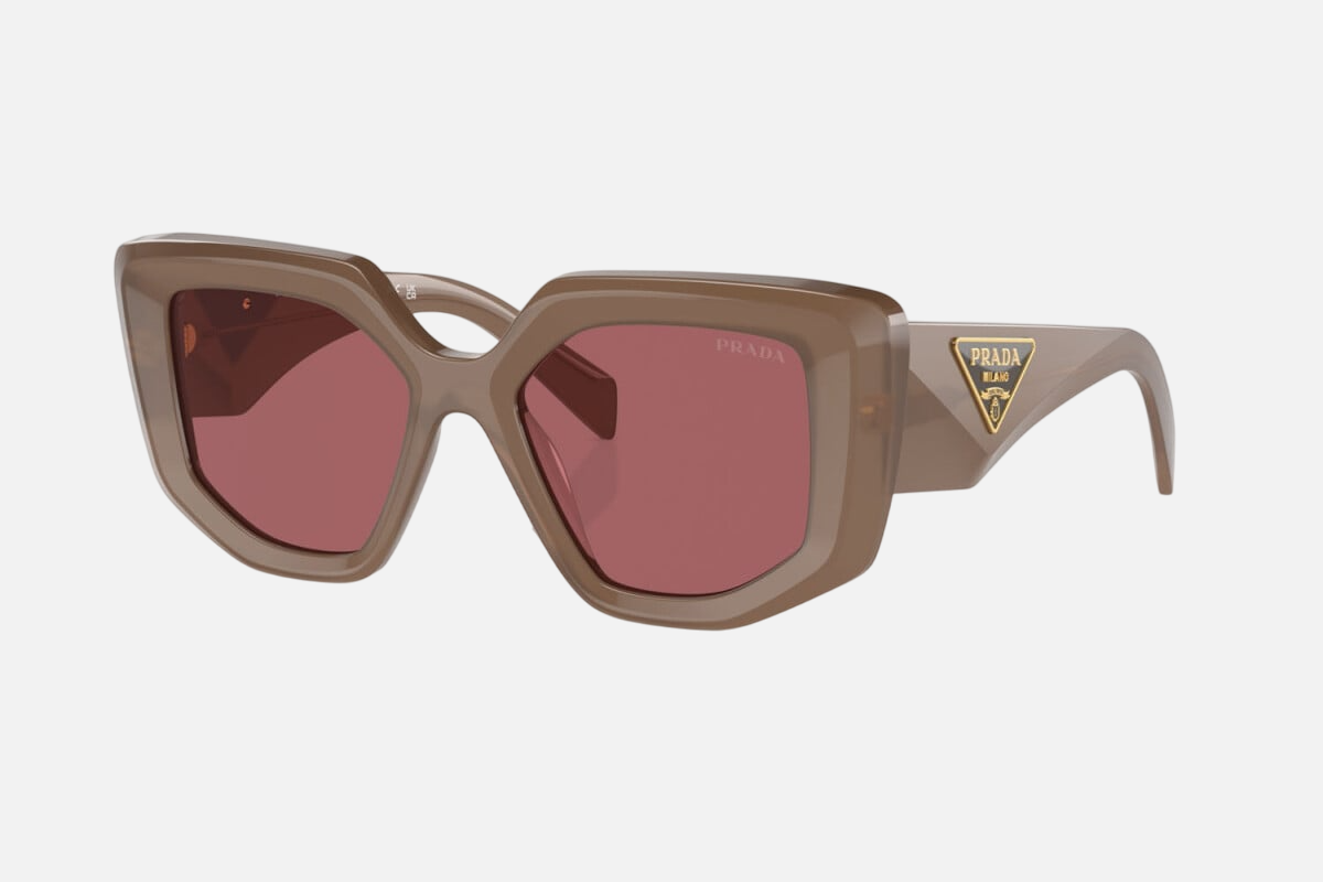 Prada PR 14ZS 11S08S irregular sunglasses for women in full rim acetate, with brown opal frame, and dark purple lenses. 50mm in lens size, 18mm in bridge size, and 140mm in temple length.