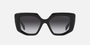 Prada PR 14ZS 1AB09S irregular sunglasses for women in full rim acetate, with black frame, and grey gradient lenses. 50mm in lens size, 18mm in bridge size, and 140mm in temple length.
