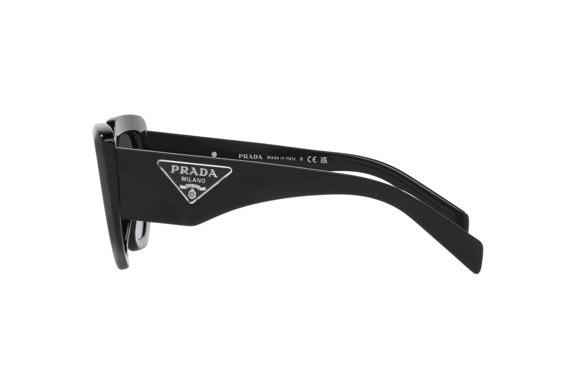 Prada PR 14ZS 1AB09S irregular sunglasses for women in full rim acetate, with black frame, and grey gradient lenses. 50mm in lens size, 18mm in bridge size, and 140mm in temple length.
