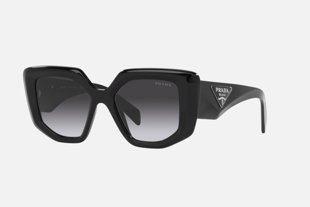Prada PR 14ZS 1AB09S irregular sunglasses for women in full rim acetate, with black frame, and grey gradient lenses. 50mm in lens size, 18mm in bridge size, and 140mm in temple length.