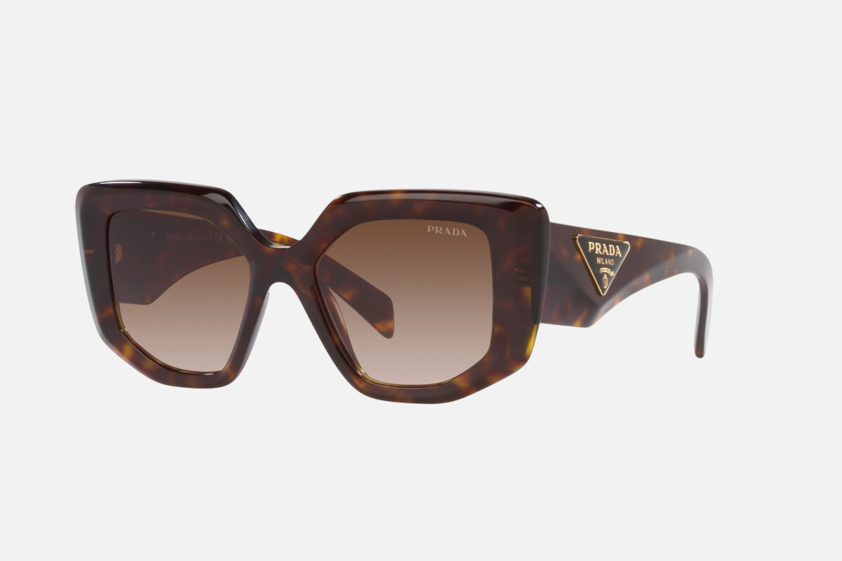 Prada PR 14ZS 2AU6S1 irregular sunglasses for women in full rim acetate, with havana frame, and brown gradient lenses. 50mm in lens size, 18mm in bridge size, and 140mm in temple length.