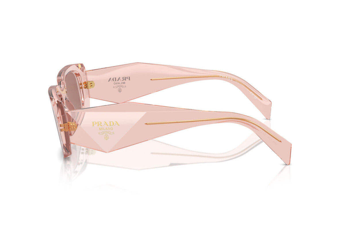 Prada PR 17WS 19Q10D rectangular sunglasses for women in full rim acetate, with transparent peach frame, and light brown lenses. 49mm in lens size, 20mm in bridge size, and 145mm in temple length.