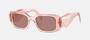 Prada PR 17WS 19Q10D rectangular sunglasses for women in full rim acetate, with transparent peach frame, and light brown lenses. 49mm in lens size, 20mm in bridge size, and 145mm in temple length.