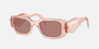 Prada PR 17WS 19Q10D rectangular sunglasses for women in full rim acetate, with transparent peach frame, and light brown lenses. 49mm in lens size, 20mm in bridge size, and 145mm in temple length.