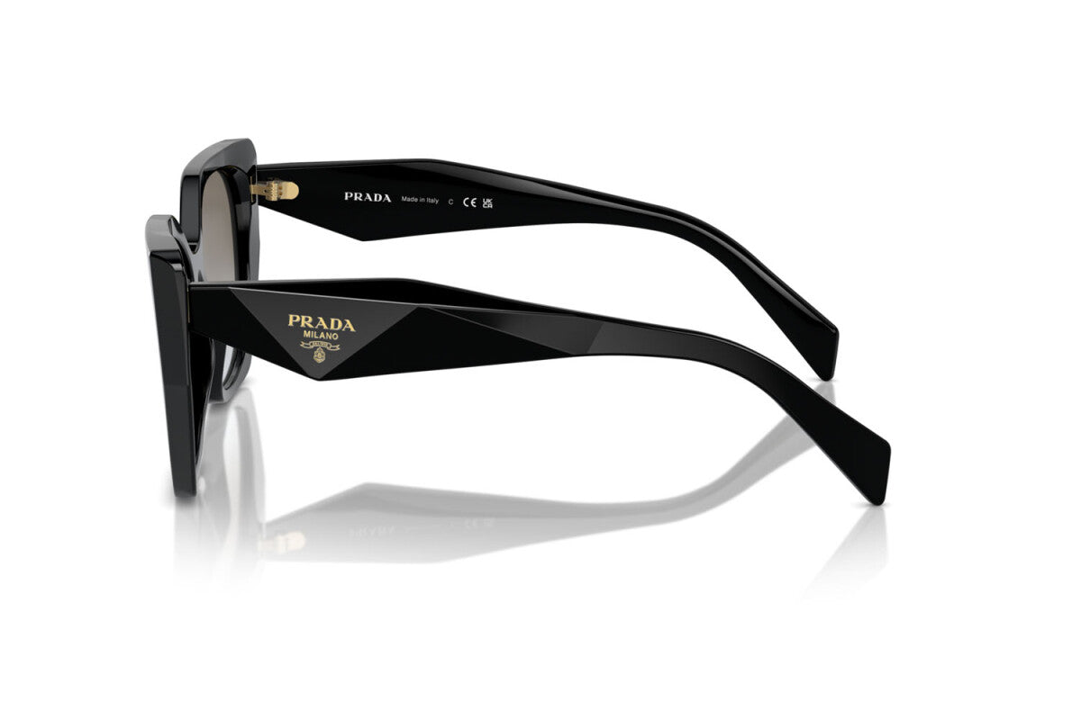 Prada PR 19ZS 1AB0A7 cat eye sunglasses for women in full rim acetate, with black frame, and grey gradient lenses. 55mm in lens size, 17mm in bridge size, and 145mm in temple length.