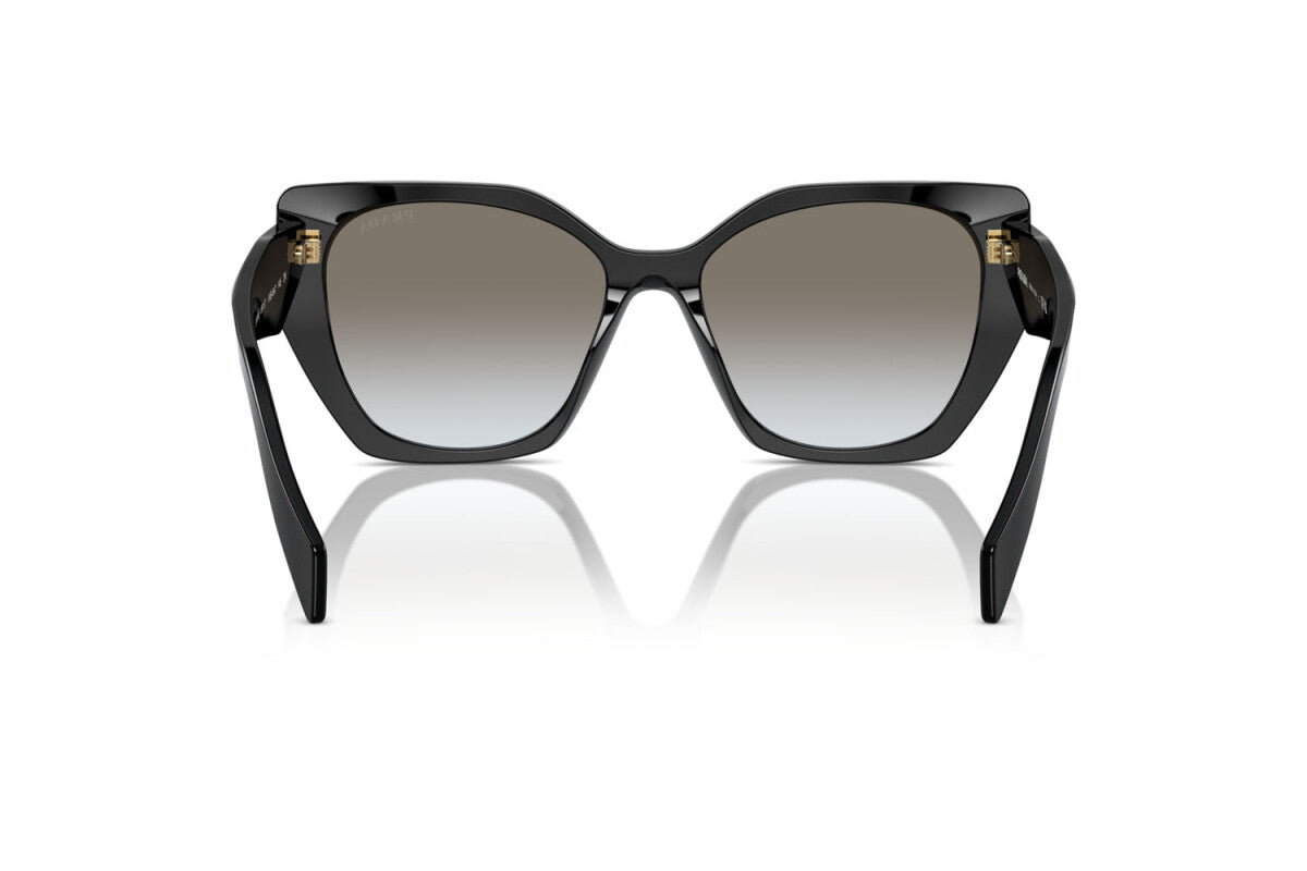 Prada PR 19ZS 1AB0A7 cat eye sunglasses for women in full rim acetate, with black frame, and grey gradient lenses. 55mm in lens size, 17mm in bridge size, and 145mm in temple length.