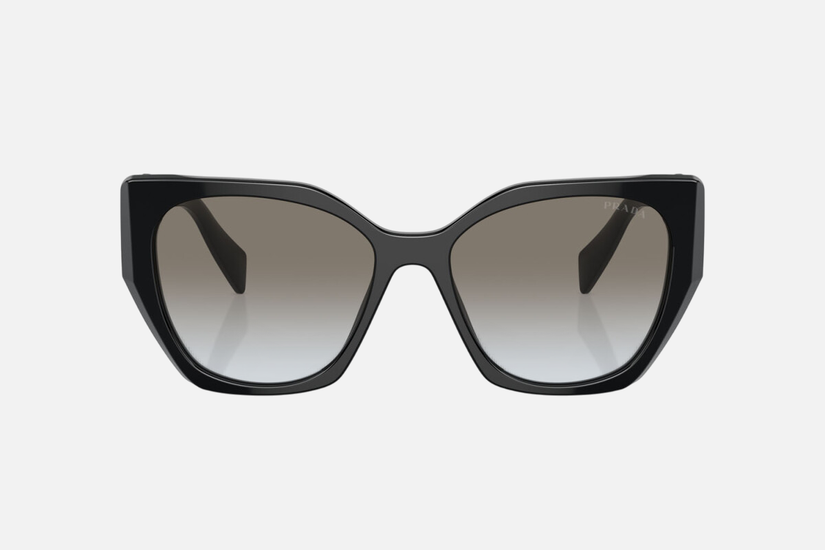 Prada PR 19ZS 1AB0A7 cat eye sunglasses for women in full rim acetate, with black frame, and grey gradient lenses. 55mm in lens size, 17mm in bridge size, and 145mm in temple length.
