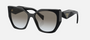 Prada PR 19ZS 1AB0A7 cat eye sunglasses for women in full rim acetate, with black frame, and grey gradient lenses. 55mm in lens size, 17mm in bridge size, and 145mm in temple length.