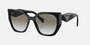 Prada PR 19ZS 1AB0A7 cat eye sunglasses for women in full rim acetate, with black frame, and grey gradient lenses. 55mm in lens size, 17mm in bridge size, and 145mm in temple length.
