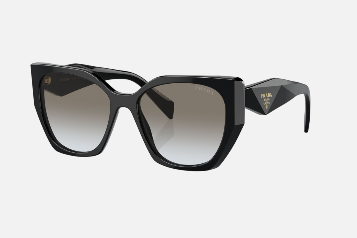 Prada PR 19ZS 1AB0A7 cat eye sunglasses for women in full rim acetate, with black frame, and grey gradient lenses. 55mm in lens size, 17mm in bridge size, and 145mm in temple length.