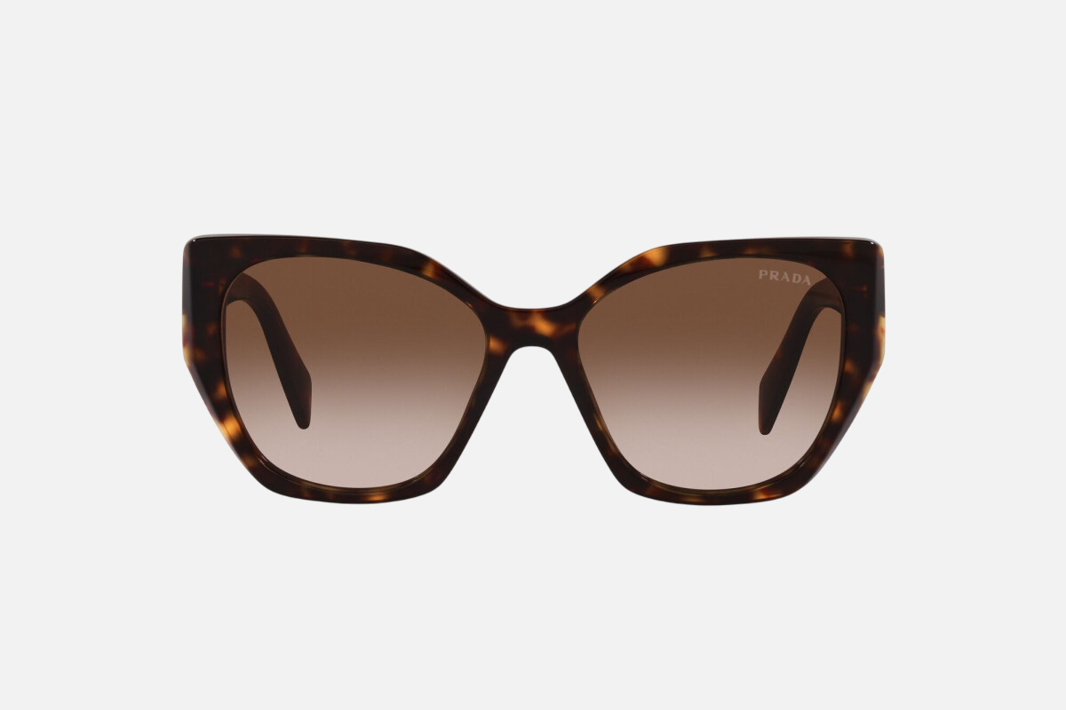 Prada PR 19ZS 2AU6S1 cat eye sunglasses for women in full rim acetate, with havana frame, and brown gradient lenses. 55mm in lens size, 17mm in bridge size, and 145mm in temple length.