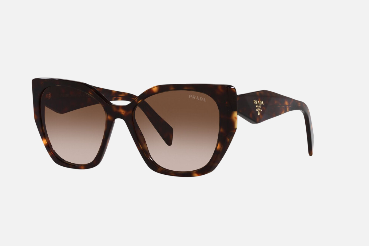 Prada PR 19ZS 2AU6S1 cat eye sunglasses for women in full rim acetate, with havana frame, and brown gradient lenses. 55mm in lens size, 17mm in bridge size, and 145mm in temple length.