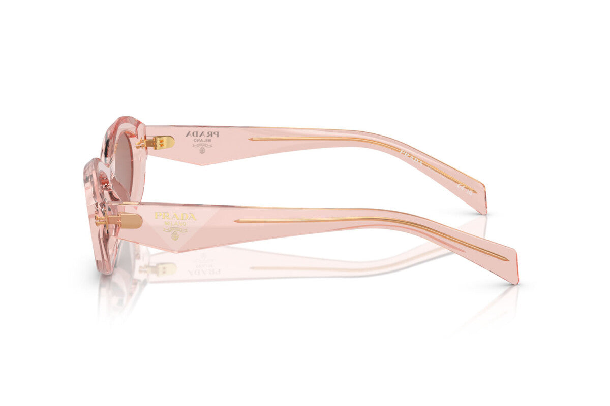 Prada PR 26ZS 19Q10D oval sunglasses for women in full rim acetate, with transparent peach frame, and light brown lenses. 55mm in lens size, 16mm in bridge size, and 145mm in temple length.