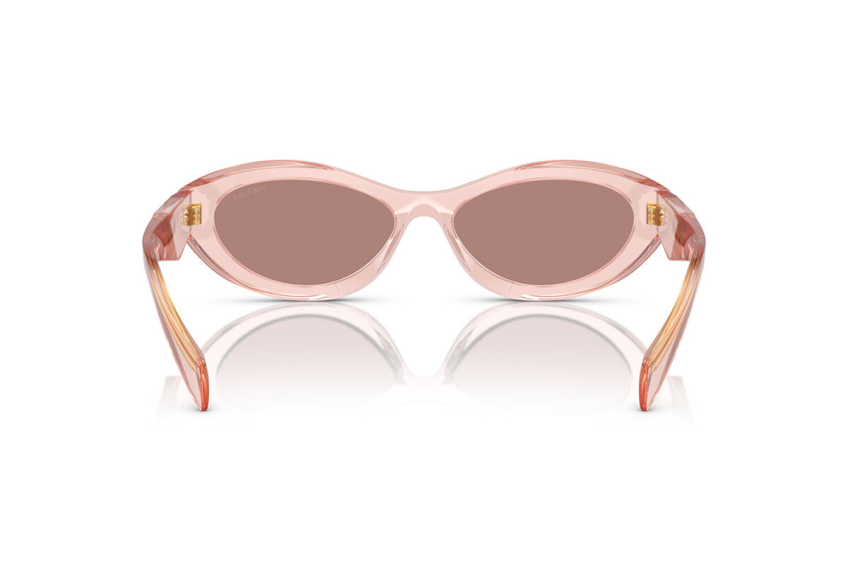 Prada PR 26ZS 19Q10D oval sunglasses for women in full rim acetate, with transparent peach frame, and light brown lenses. 55mm in lens size, 16mm in bridge size, and 145mm in temple length.