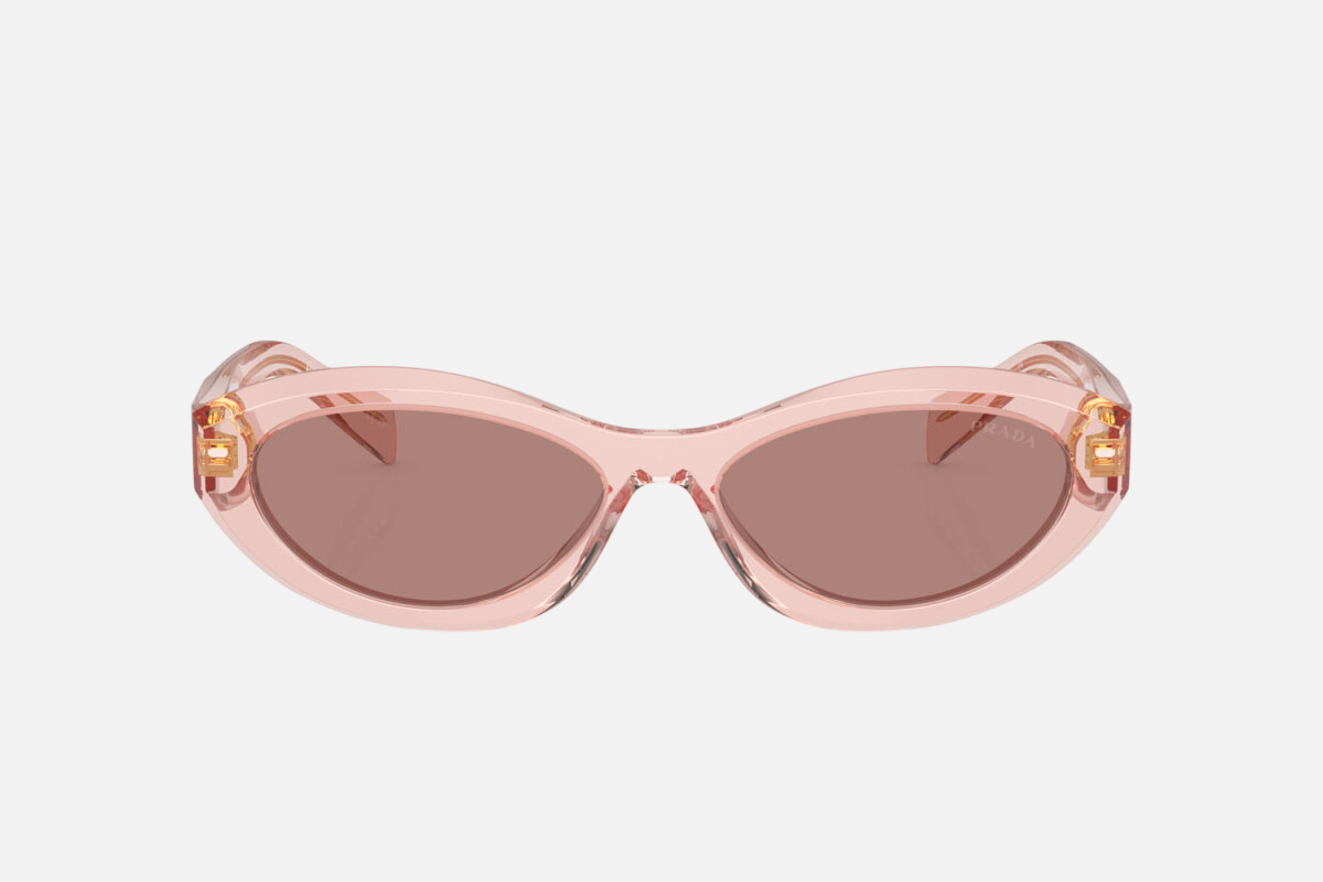 Prada PR 26ZS 19Q10D oval sunglasses for women in full rim acetate, with transparent peach frame, and light brown lenses. 55mm in lens size, 16mm in bridge size, and 145mm in temple length.