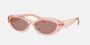 Prada PR 26ZS 19Q10D oval sunglasses for women in full rim acetate, with transparent peach frame, and light brown lenses. 55mm in lens size, 16mm in bridge size, and 145mm in temple length.
