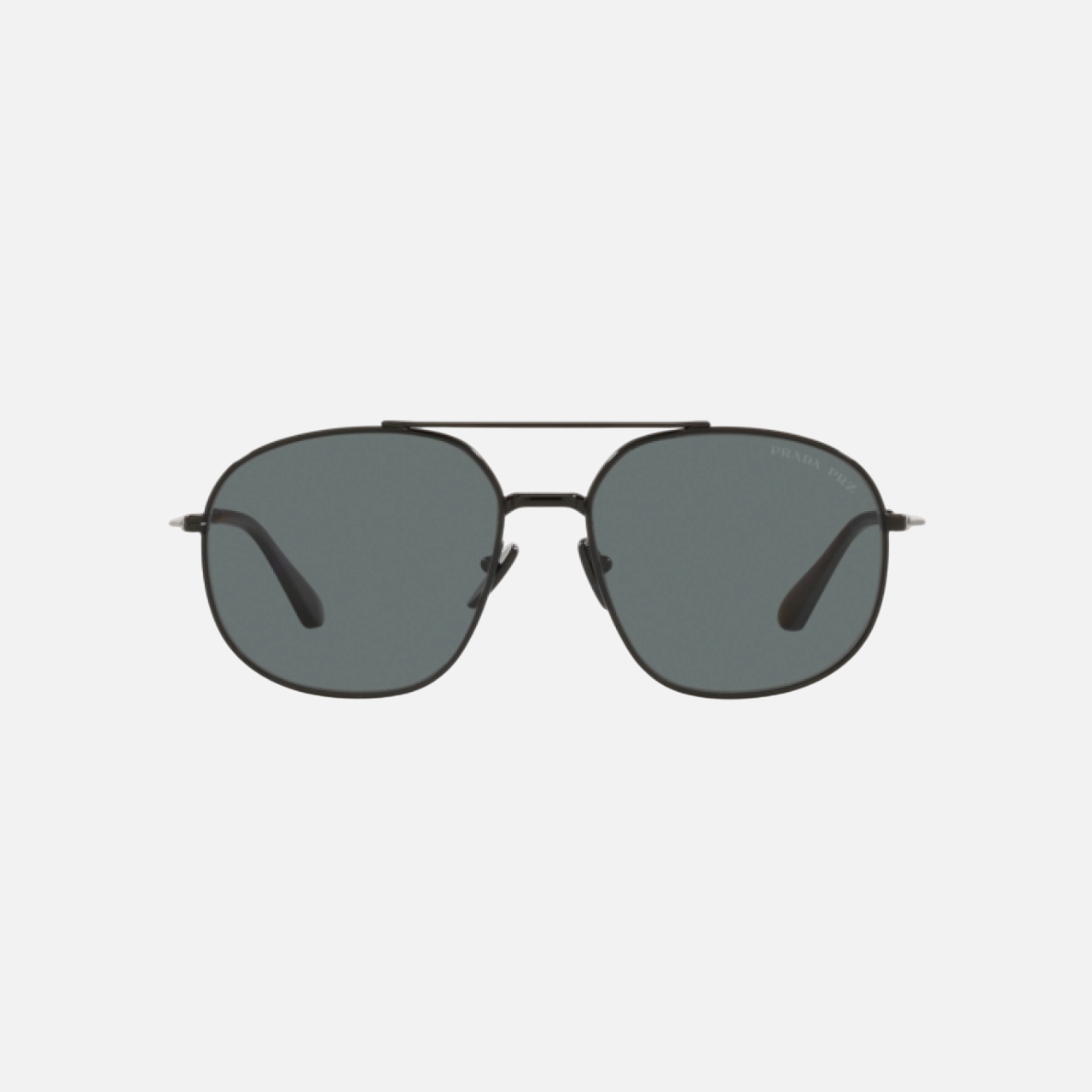 Prada PR 51YS 1AB5Z1 pilot sunglasses for men in full rim steel, with black frame, and dark grey lenses. 58mm in lens size, 14mm in bridge size, and 145mm in temple length.