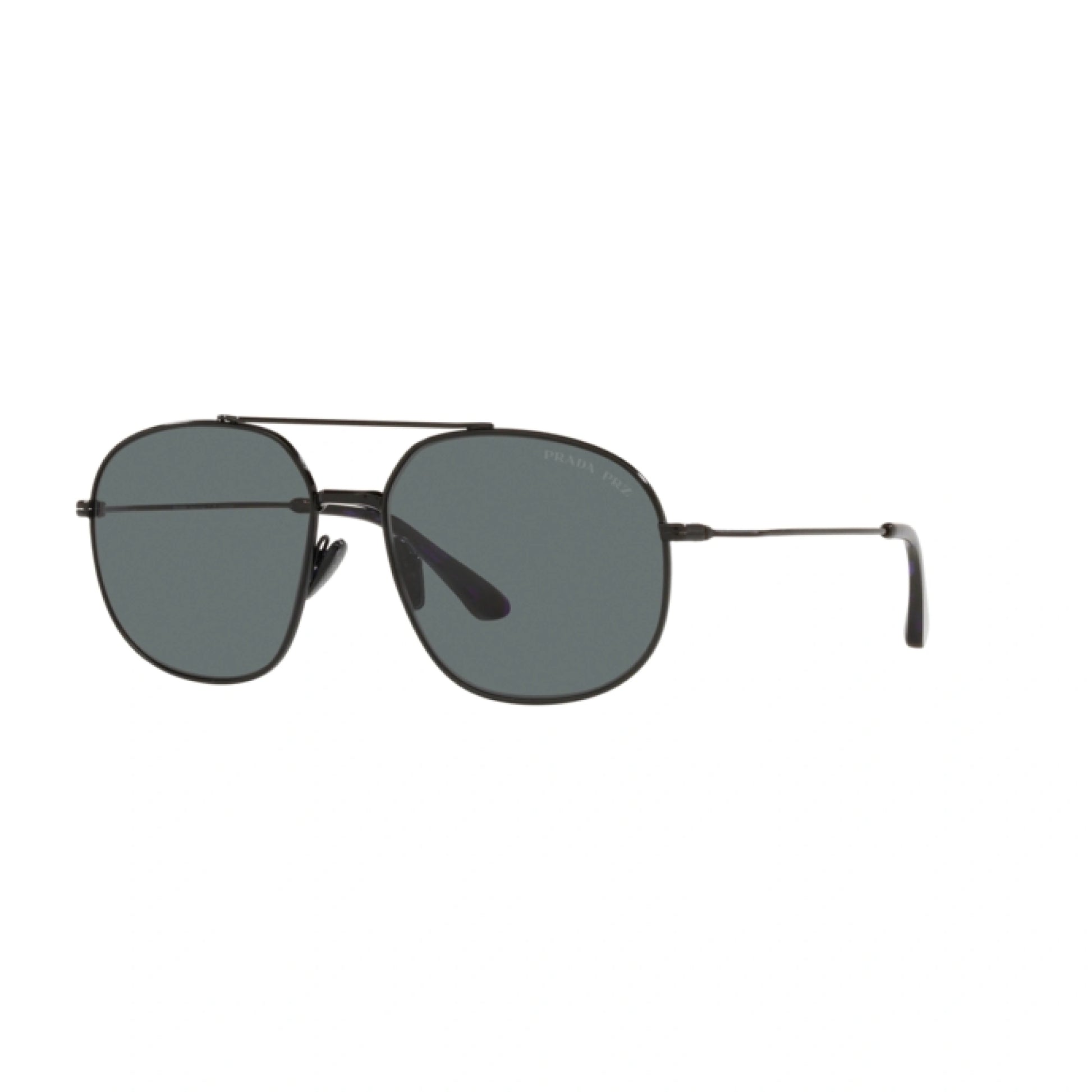 Prada PR 51YS 1AB5Z1 pilot sunglasses for men in full rim steel, with black frame, and dark grey lenses. 58mm in lens size, 14mm in bridge size, and 145mm in temple length.