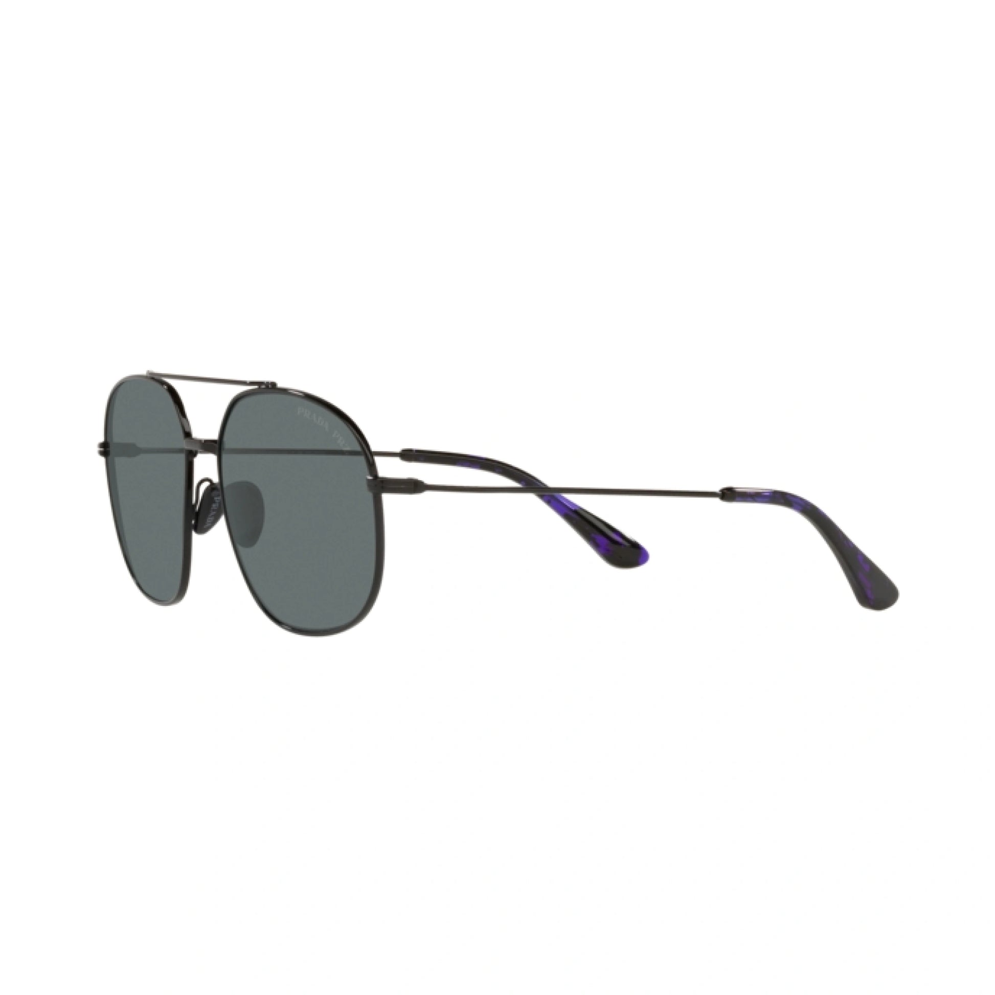 Prada PR 51YS 1AB5Z1 pilot sunglasses for men in full rim steel, with black frame, and dark grey lenses. 58mm in lens size, 14mm in bridge size, and 145mm in temple length.