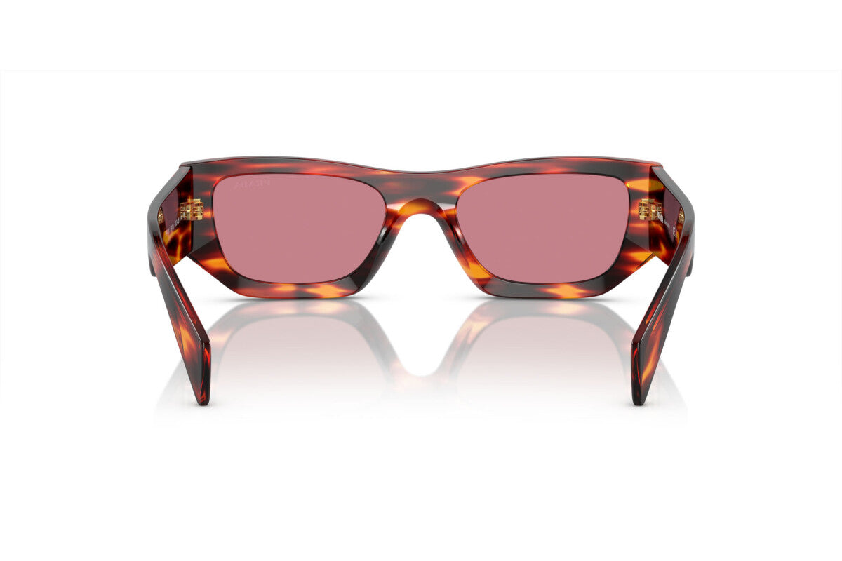 Prada PR A01S 13O80B rectangular sunglasses for women in full rim acetate, with havana red frame, and dark purple lenses. 53mm in lens size, 20mm in bridge size, and 145mm in temple length.