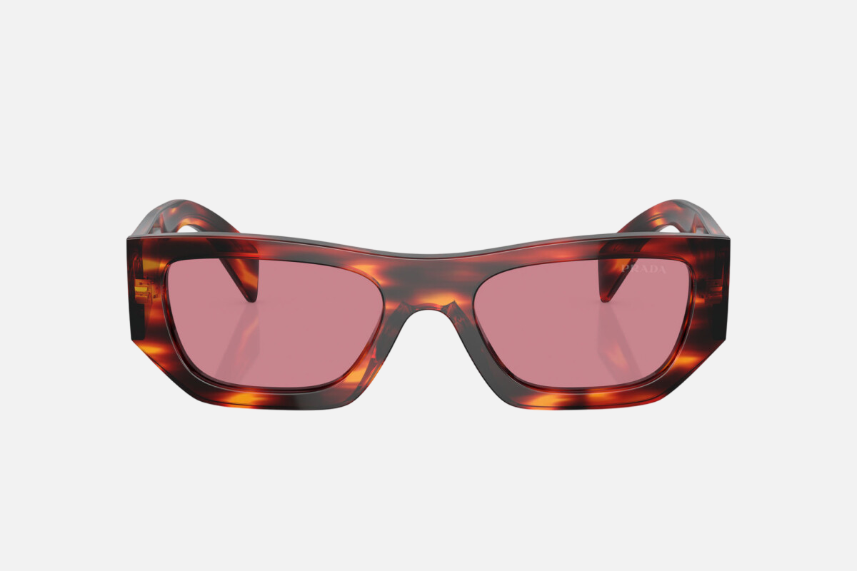Prada PR A01S 13O80B rectangular sunglasses for women in full rim acetate, with havana red frame, and dark purple lenses. 53mm in lens size, 20mm in bridge size, and 145mm in temple length.