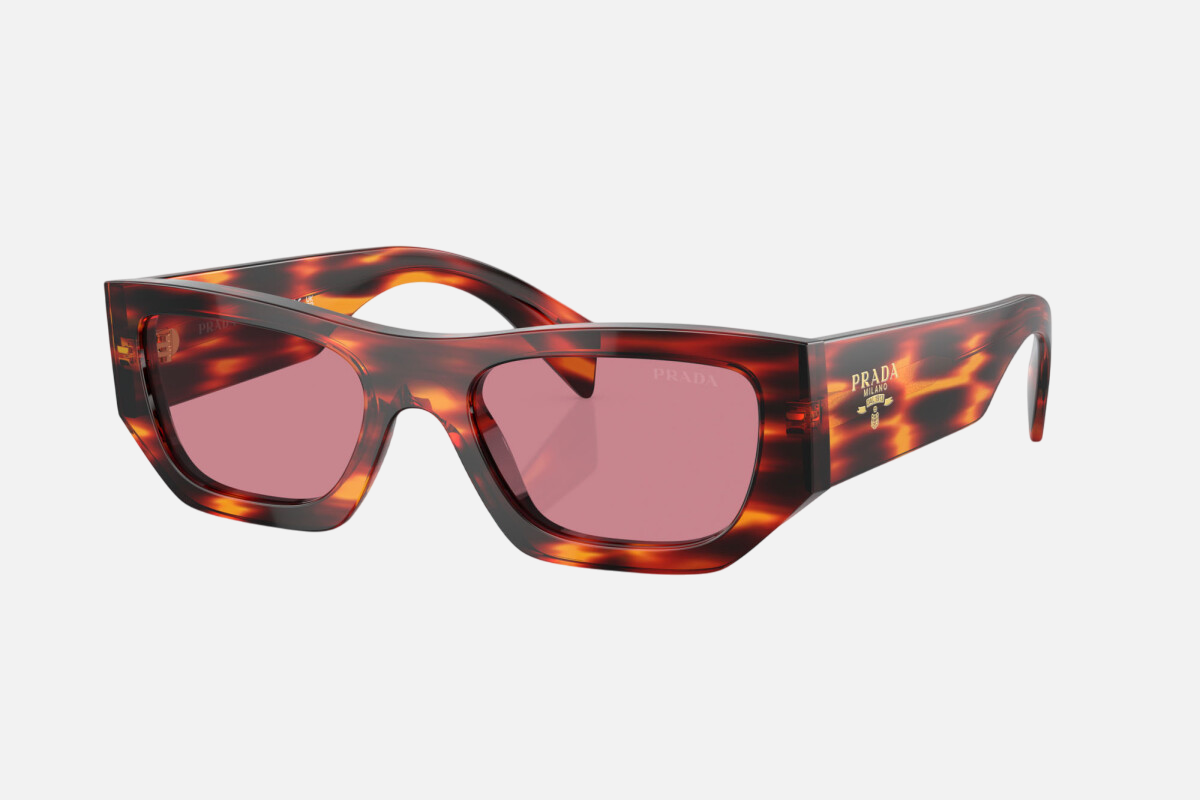 Prada PR A01S 13O80B rectangular sunglasses for women in full rim acetate, with havana red frame, and dark purple lenses. 53mm in lens size, 20mm in bridge size, and 145mm in temple length.